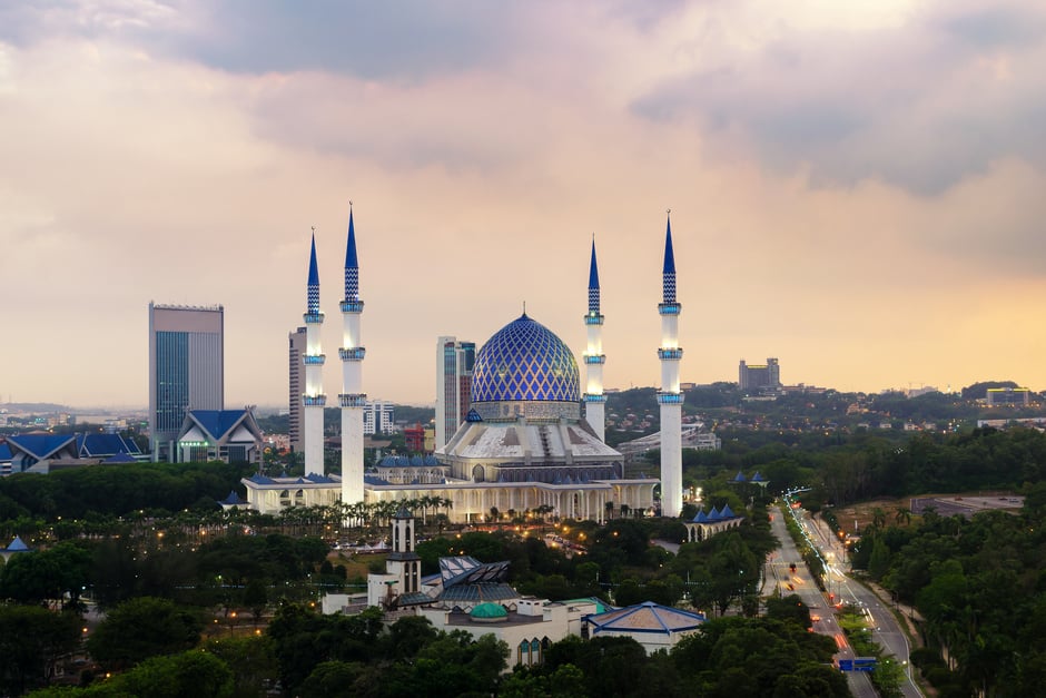 The beautiful Sultan Salahuddin Abdul Aziz Shah Mosque (also known as the Blue Mosque) located at Shah Alam, Selangor, Malaysia.